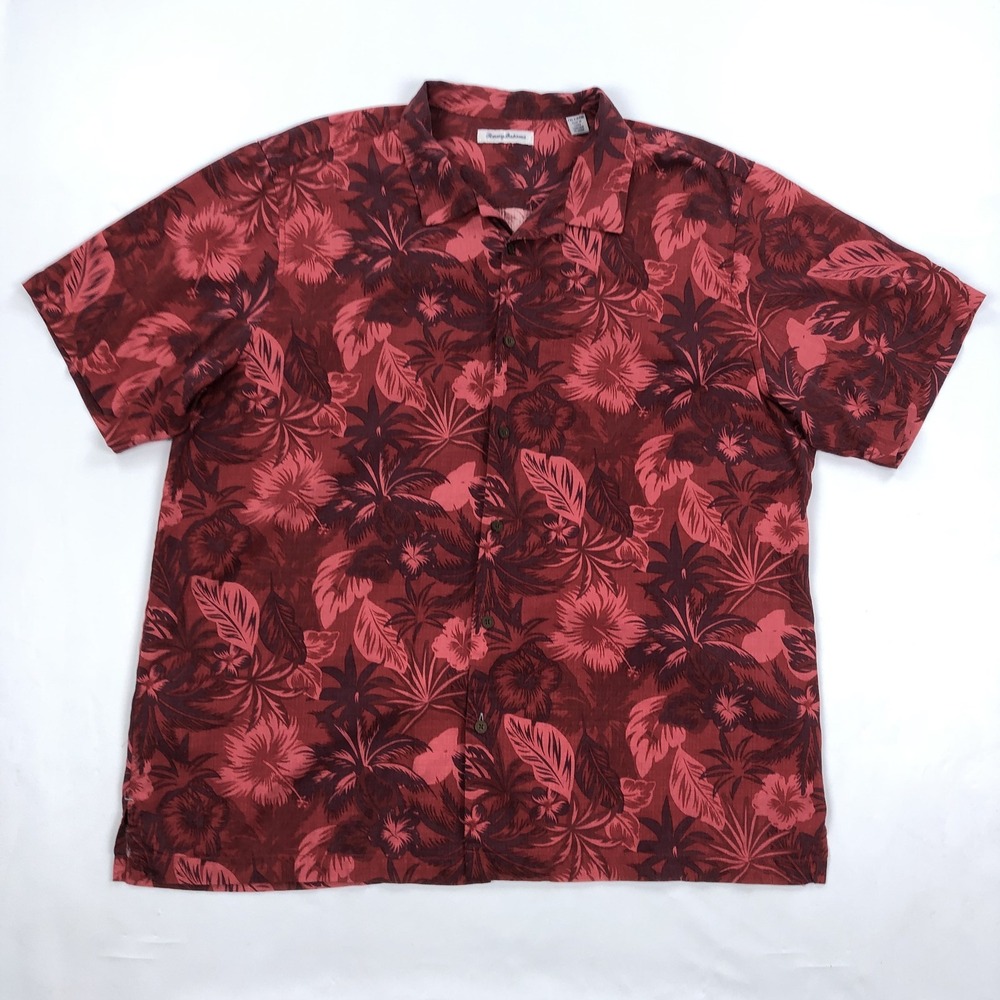 Tommy Bahama Men's 2XLT Red Silk Hawaiian Tropical Floral Loop Collar